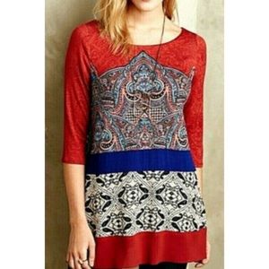 Anthropologie Women's Red and Blue Patterned Top